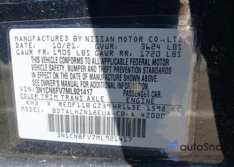 2021 Nissan Versa Sr Xtronic Cvt z USA, uszkodzony, nr VIN 3N1CN8FV7ML921417